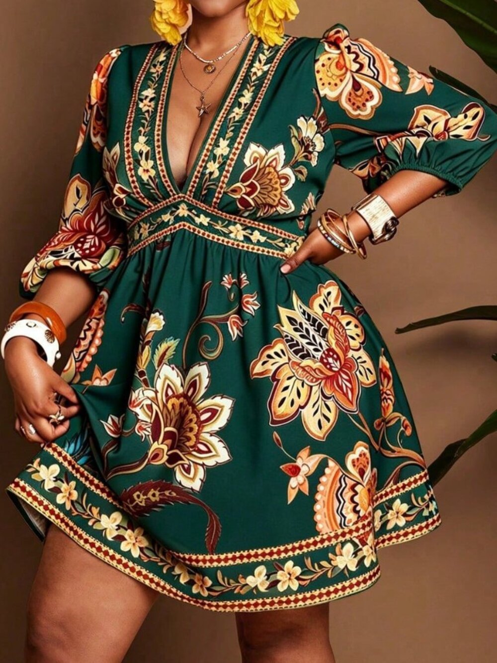 Multicolor Boho Women's Deep V-Neck Floral Print Mini Dress